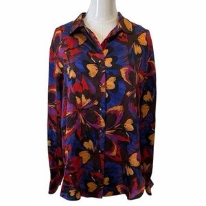 Johnny Was Jade Eclipse Blooms Silk Button-Up Long Sleeve Shirt Size M